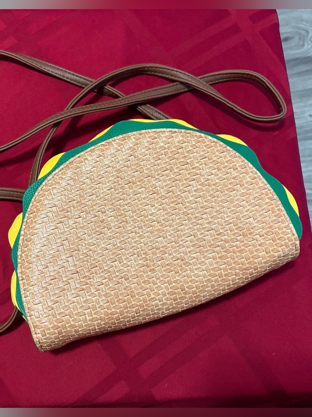 Source Unknown Natural Straw Half-Moon Crossbody with Green & Yellow Trim
